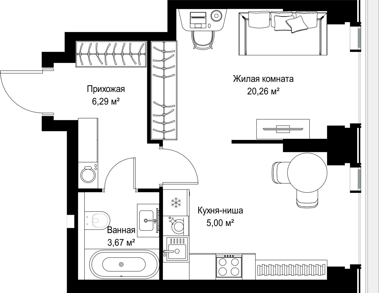 1-комнатная квартира, 35,2 м²