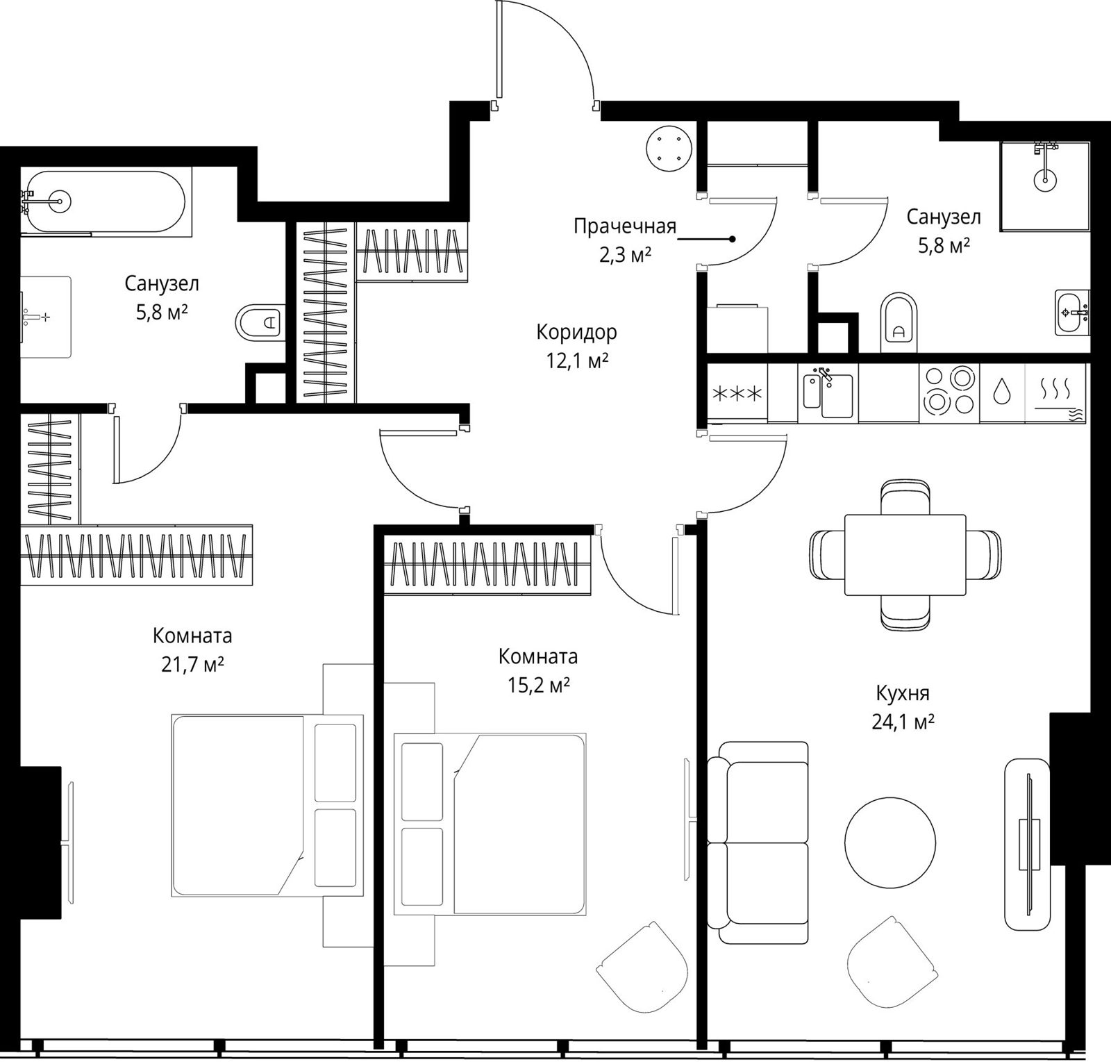 2-комнатная квартира, 87 м²