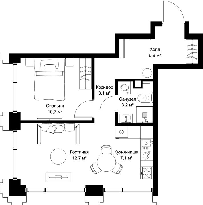 1-комнатная квартира, 43,7 м²