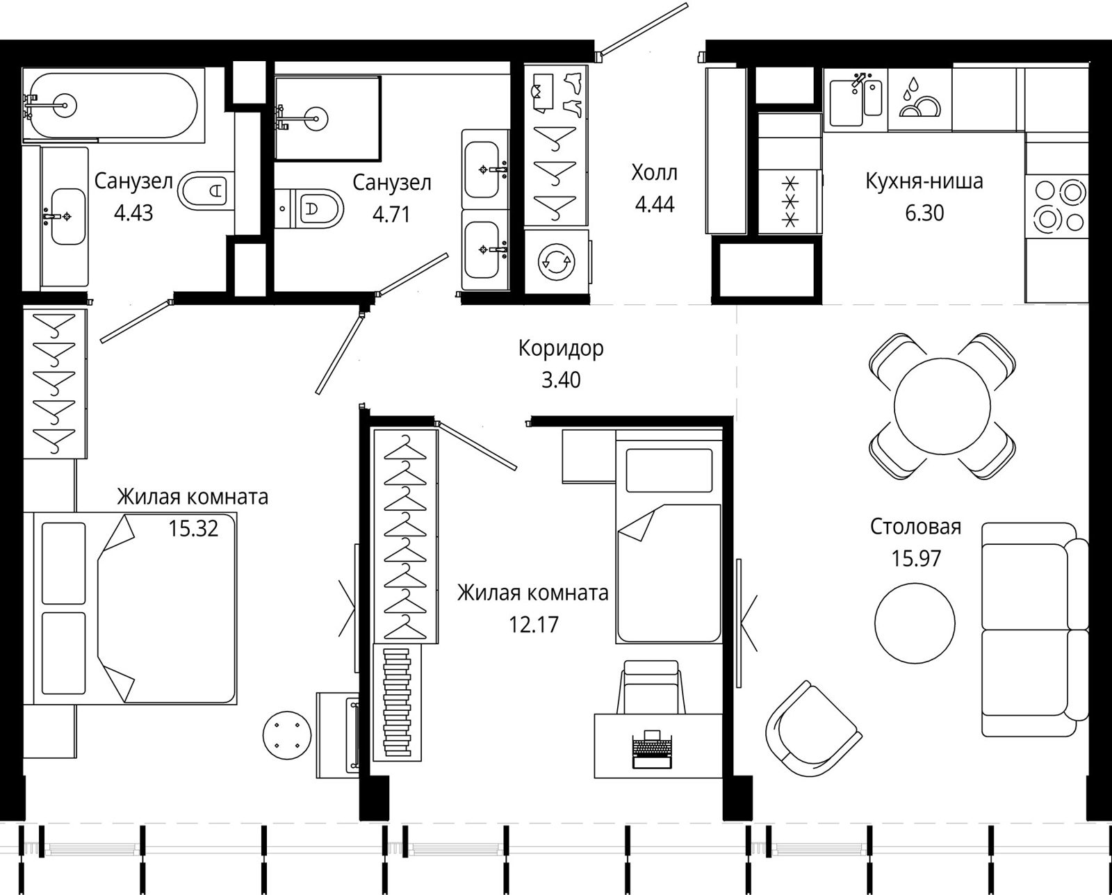 2-комнатная квартира, 66,8 м²