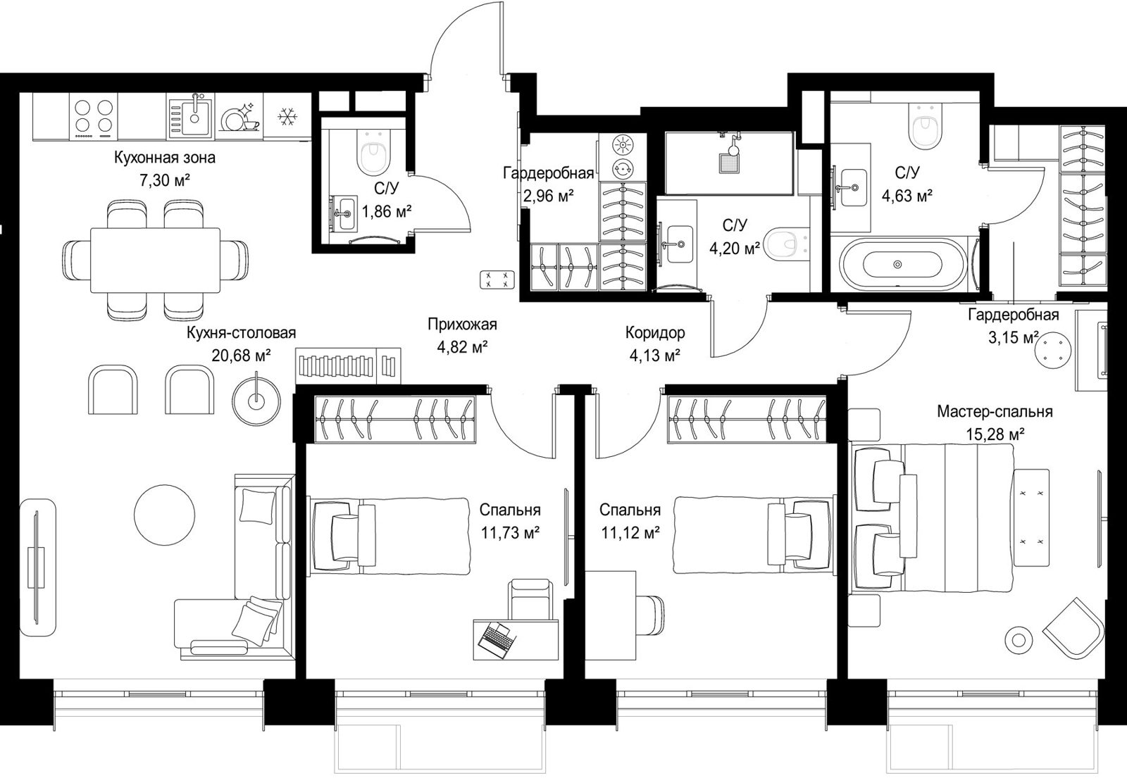 3-комнатная квартира, 91,9 м²