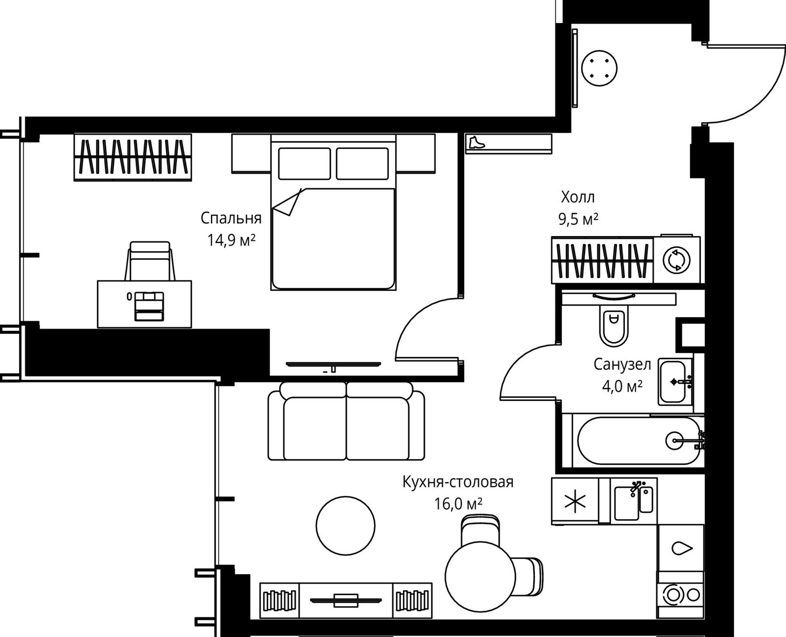 1-комнатная квартира, 44,4 м²