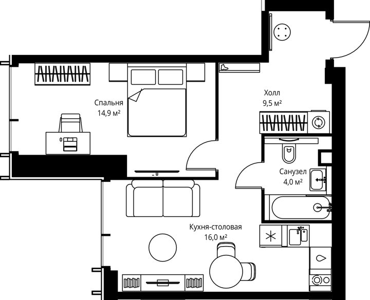 1-комнатная квартира, 44,4 м²