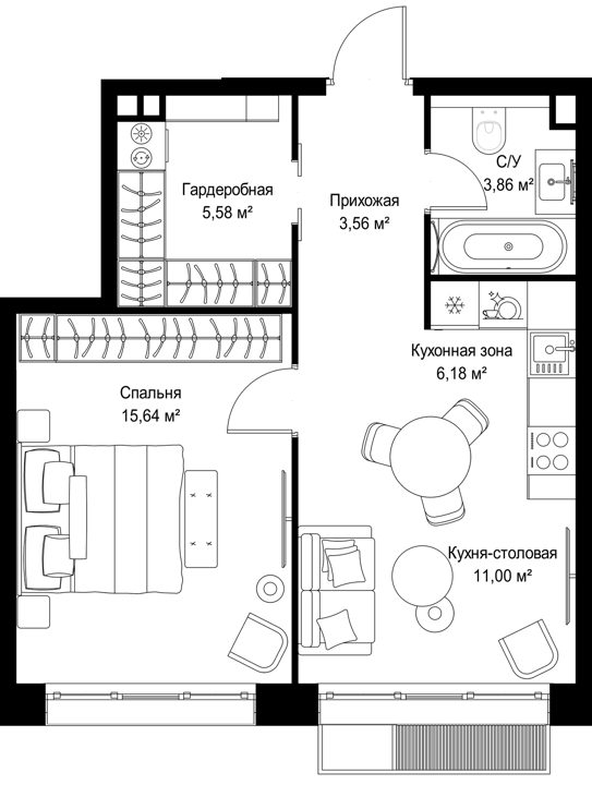 1-комнатная квартира, 45,8 м² — фото 1