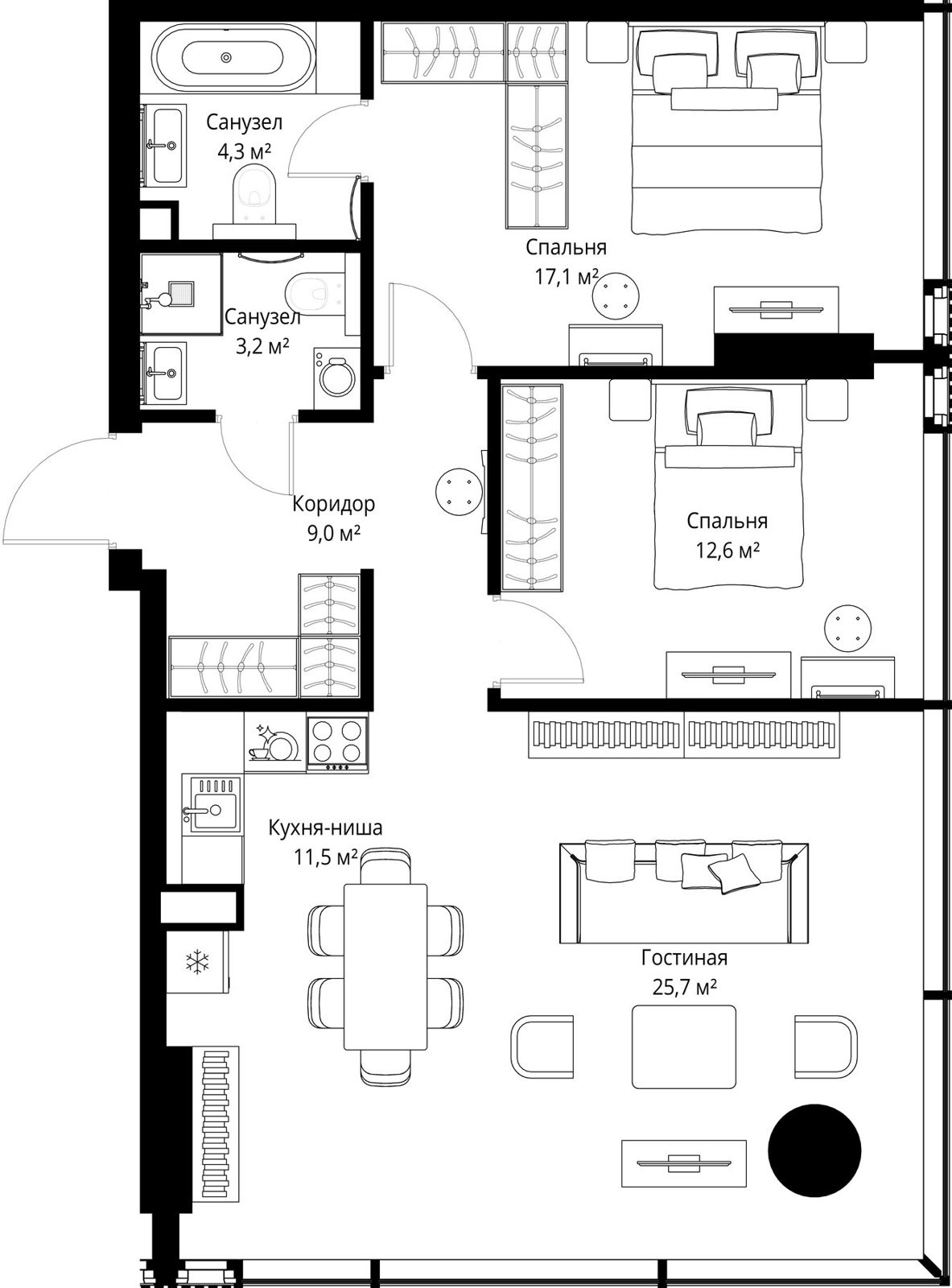2-комнатная квартира, 83,4 м²