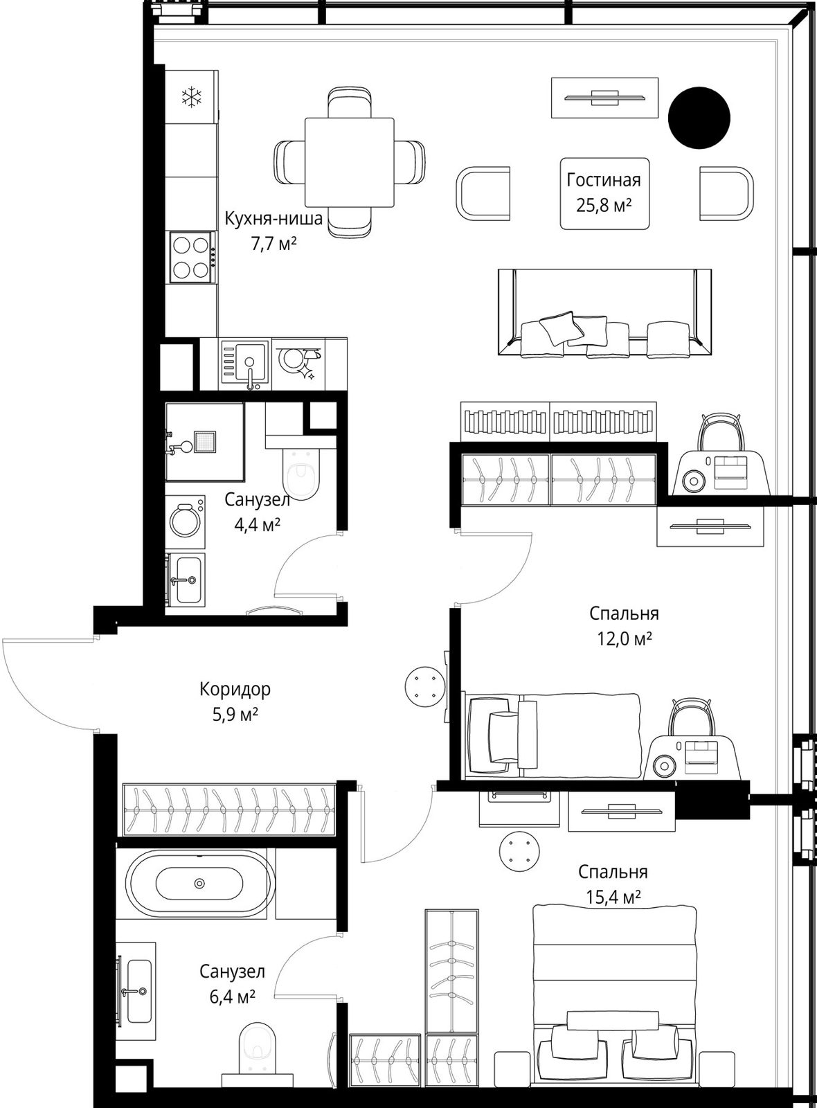 2-комнатная квартира, 77,6 м²