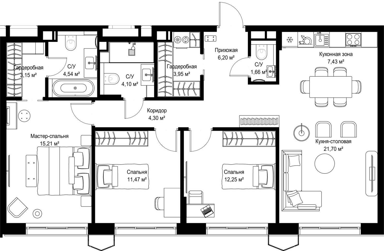 3-комнатная квартира, 96 м²