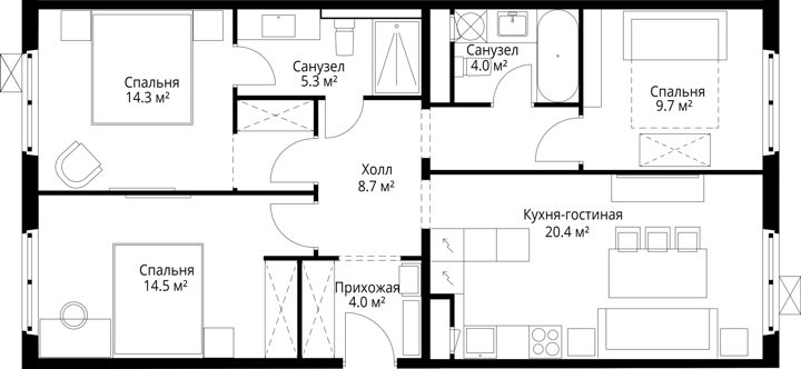 3-комнатная квартира, 80,9 м² — фото 1