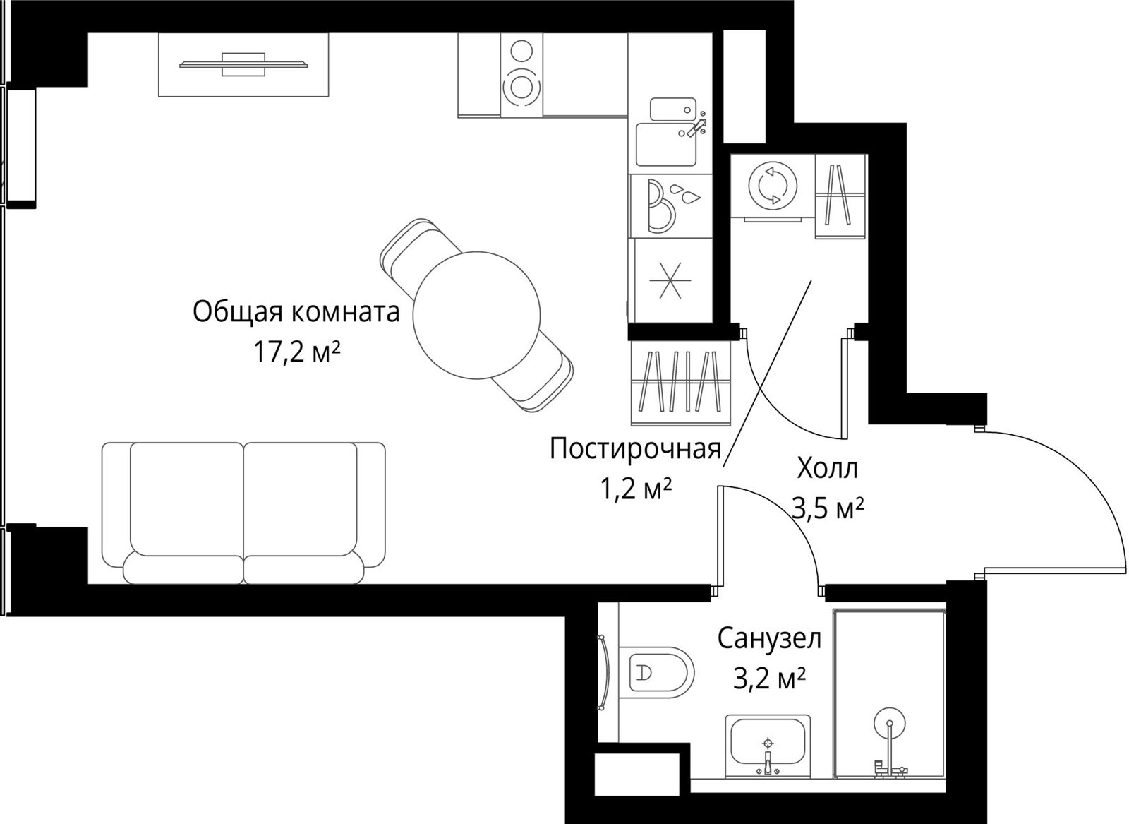 Квартира-студия, 25,1 м²