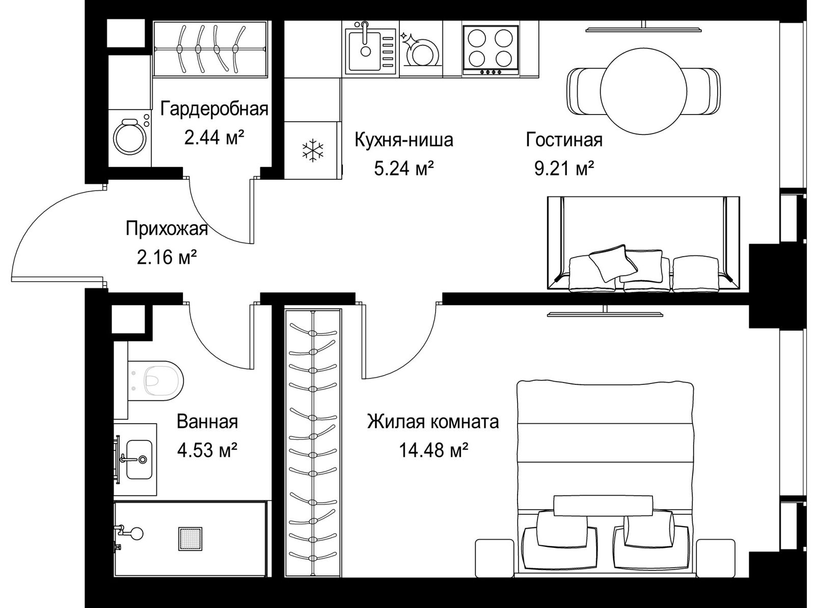 1-комнатная квартира, 38,1 м²