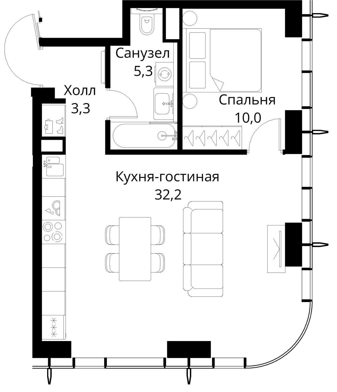 1-комнатная квартира, 50,8 м²