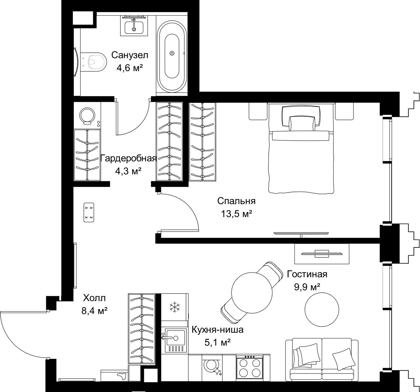 1-комнатная квартира, 45,8 м²