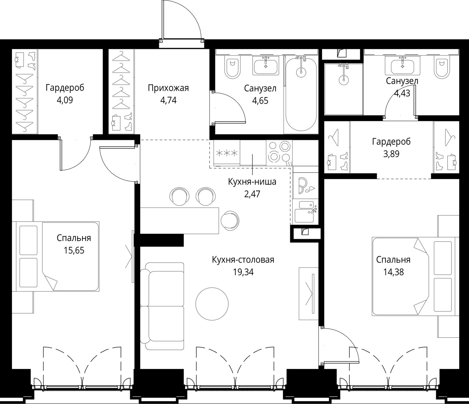 2-комнатная квартира, 73,6 м²