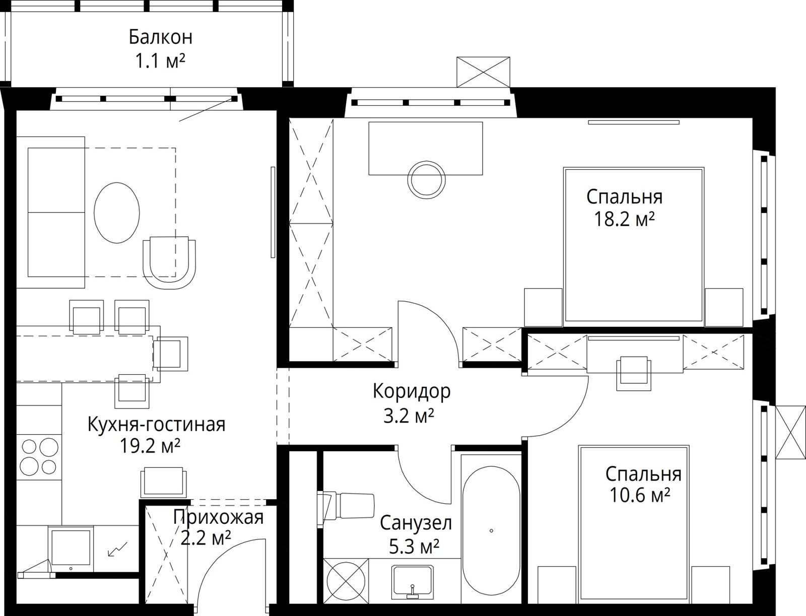 2-комнатная квартира, 59,8 м²