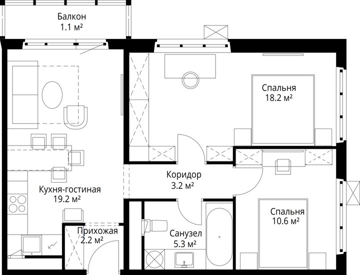 2-комнатная квартира, 59,8 м² — фото 1