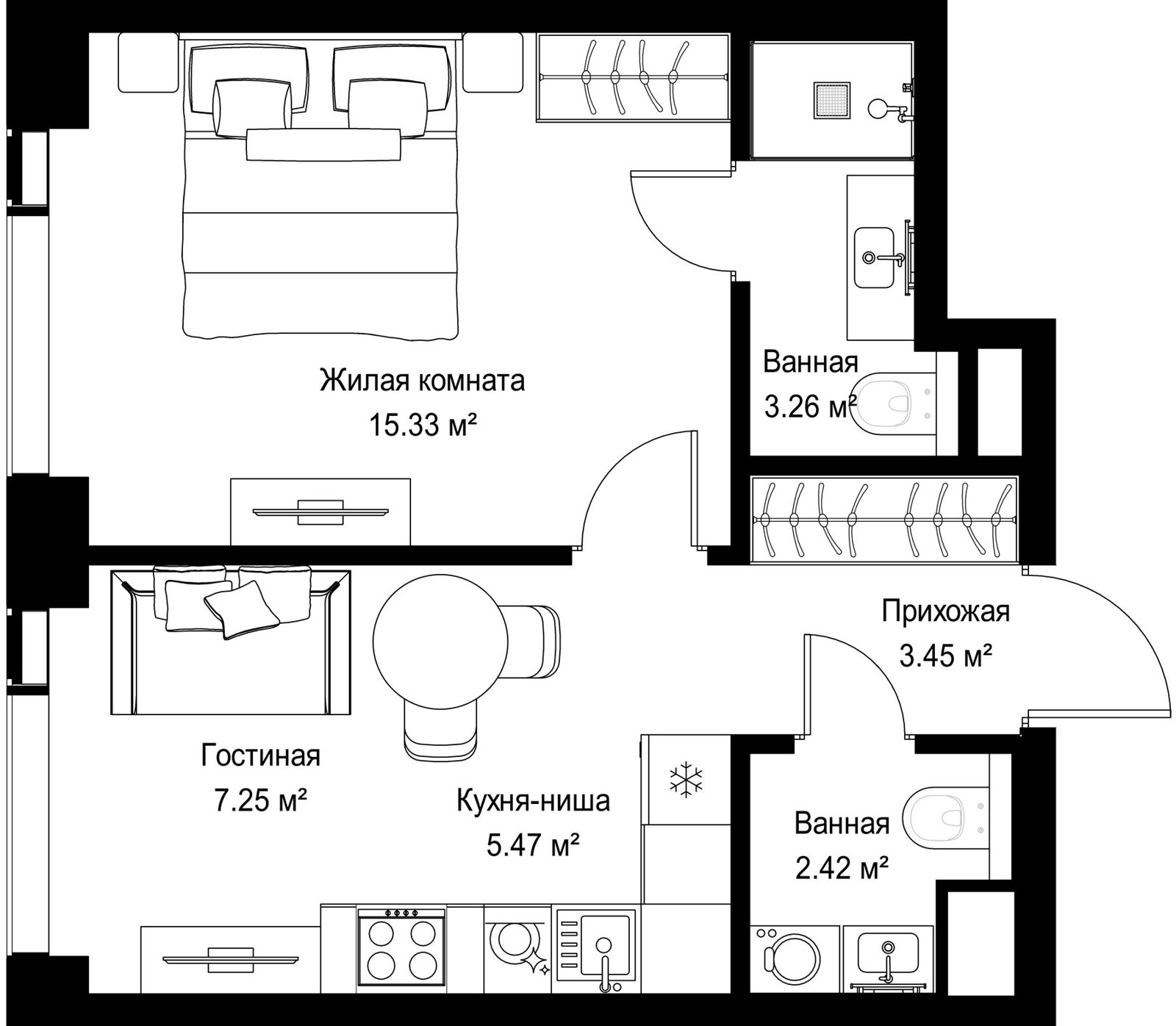 1-комнатная квартира, 37,2 м²