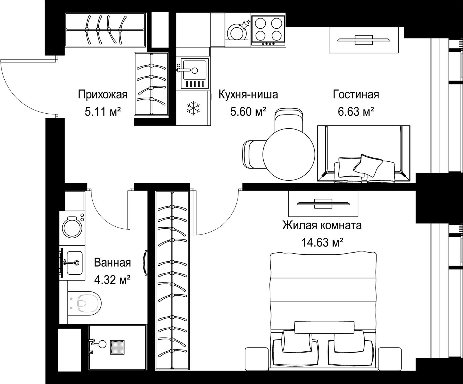 1-комнатная квартира, 36,3 м²