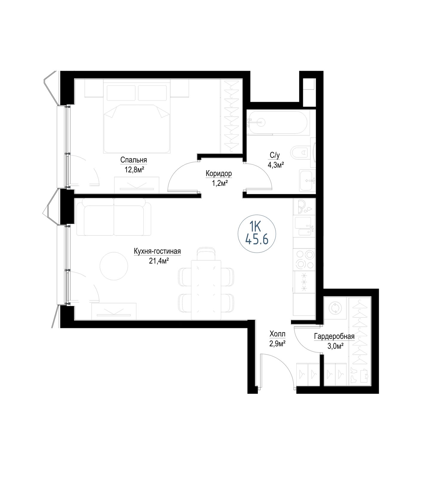 1-комнатная квартира, 44,8 м²