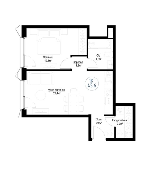1-комнатная квартира, 44,8 м² — фото 1