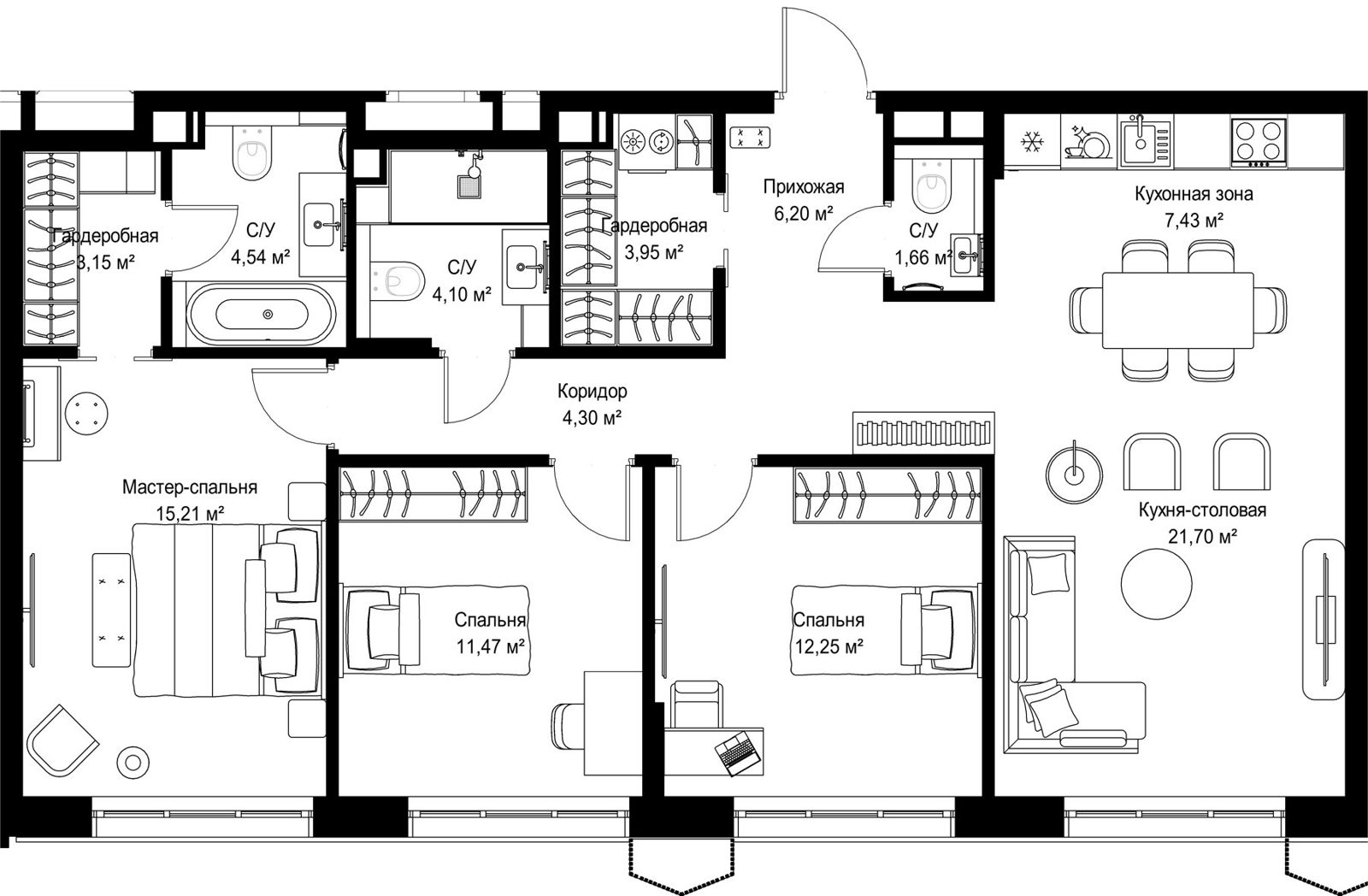3-комнатная квартира, 96 м²