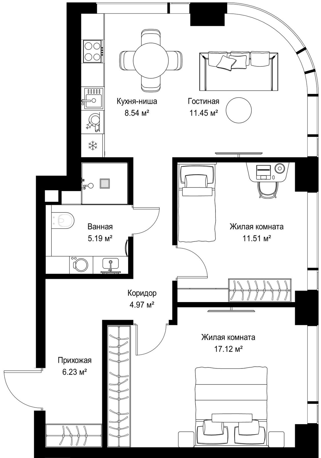 2-комнатная квартира, 65 м²