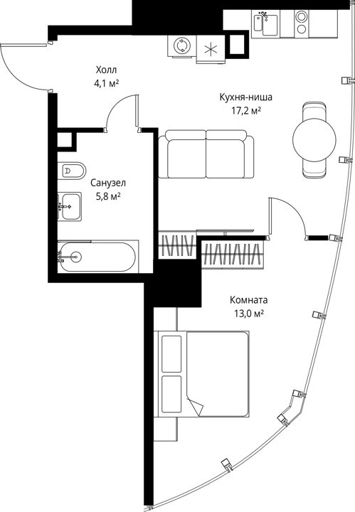 1-комнатная квартира, 40,1 м² — фото 1