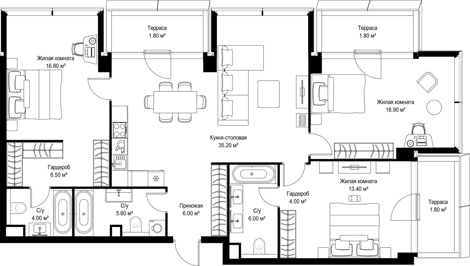 3-комнатная квартира, 122 м²