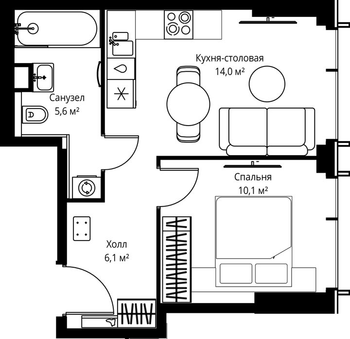 1-комнатная квартира, 35,8 м²