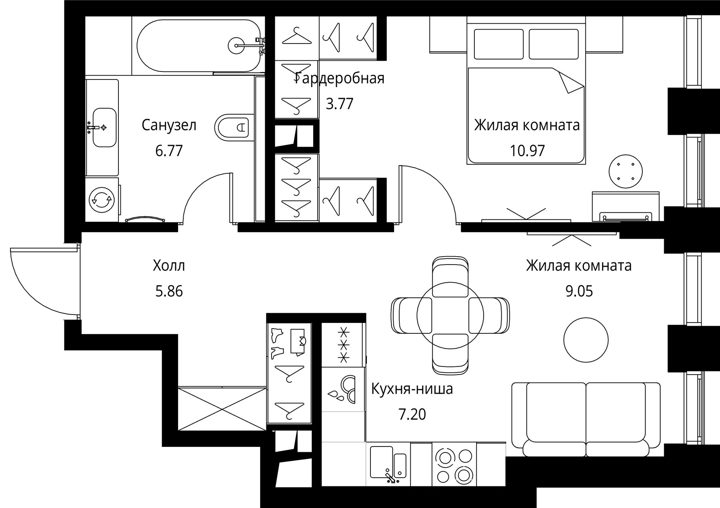 1-комнатная квартира, 43,6 м² — фото 1