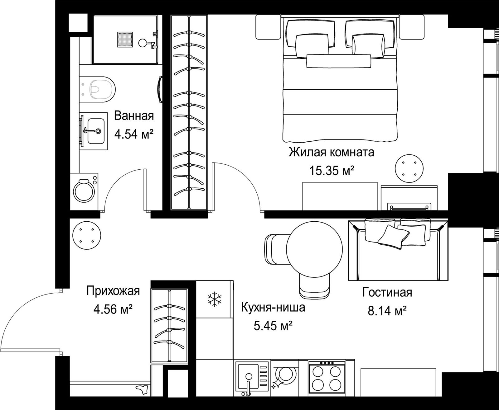 1-комнатная квартира, 38 м²