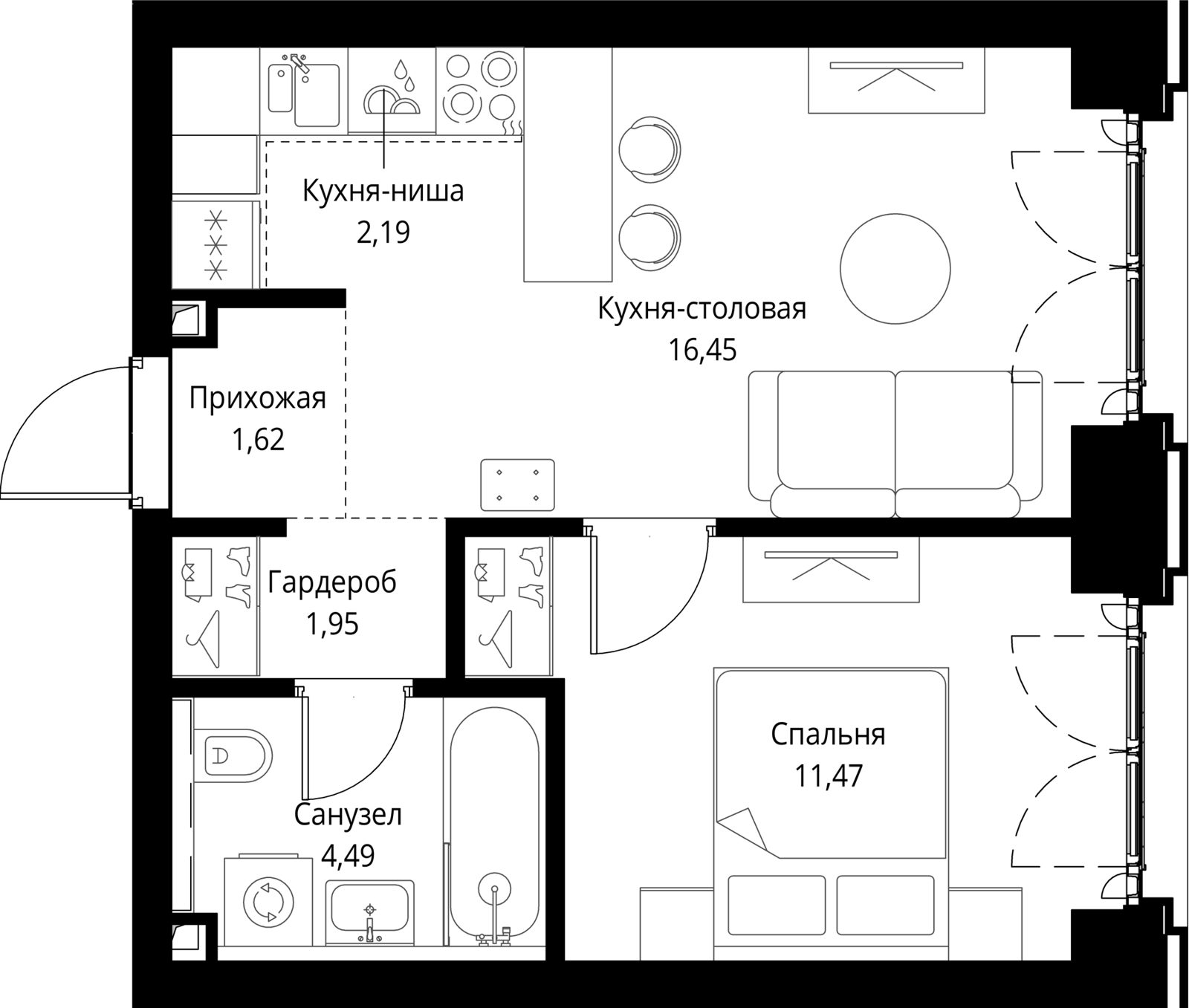 1-комнатная квартира, 38,2 м²