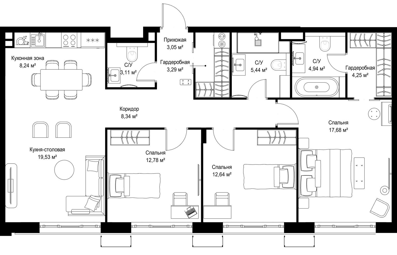 3-комнатная квартира, 103,3 м²