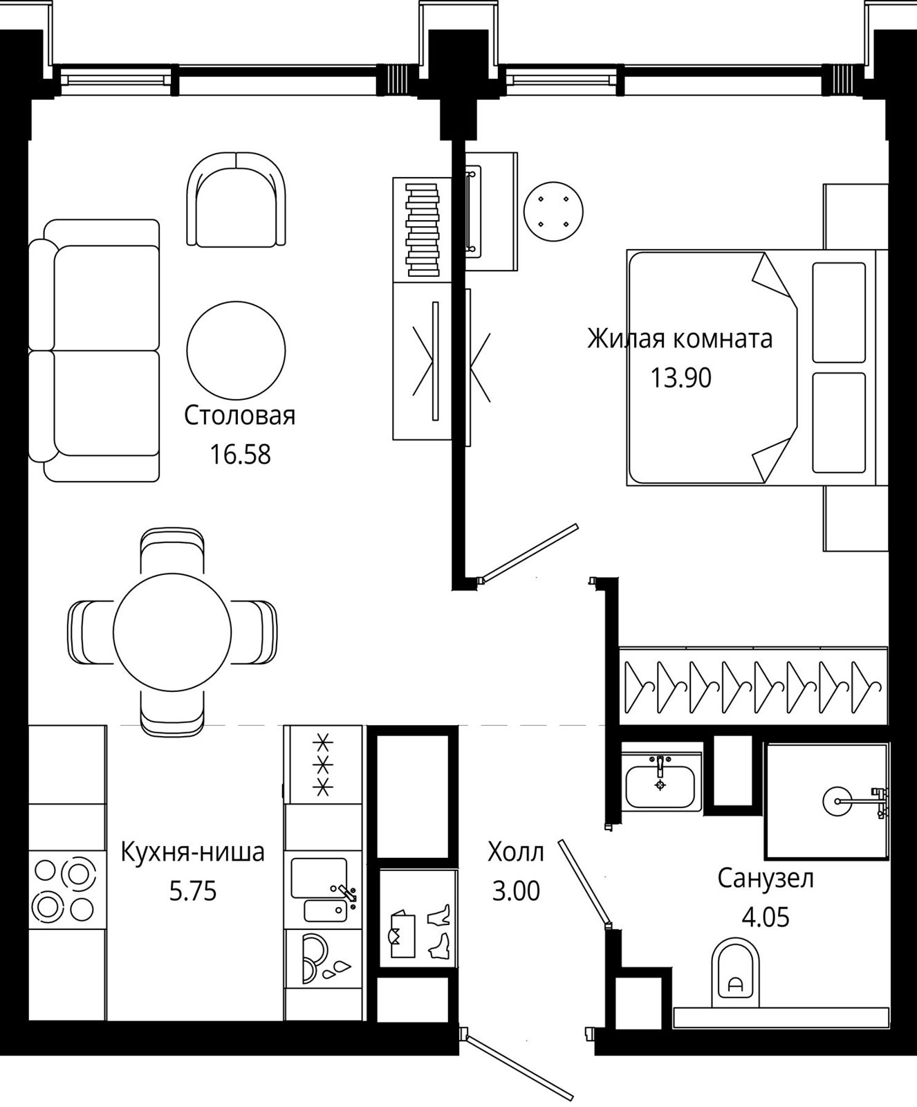 1-комнатная квартира, 43,8 м²