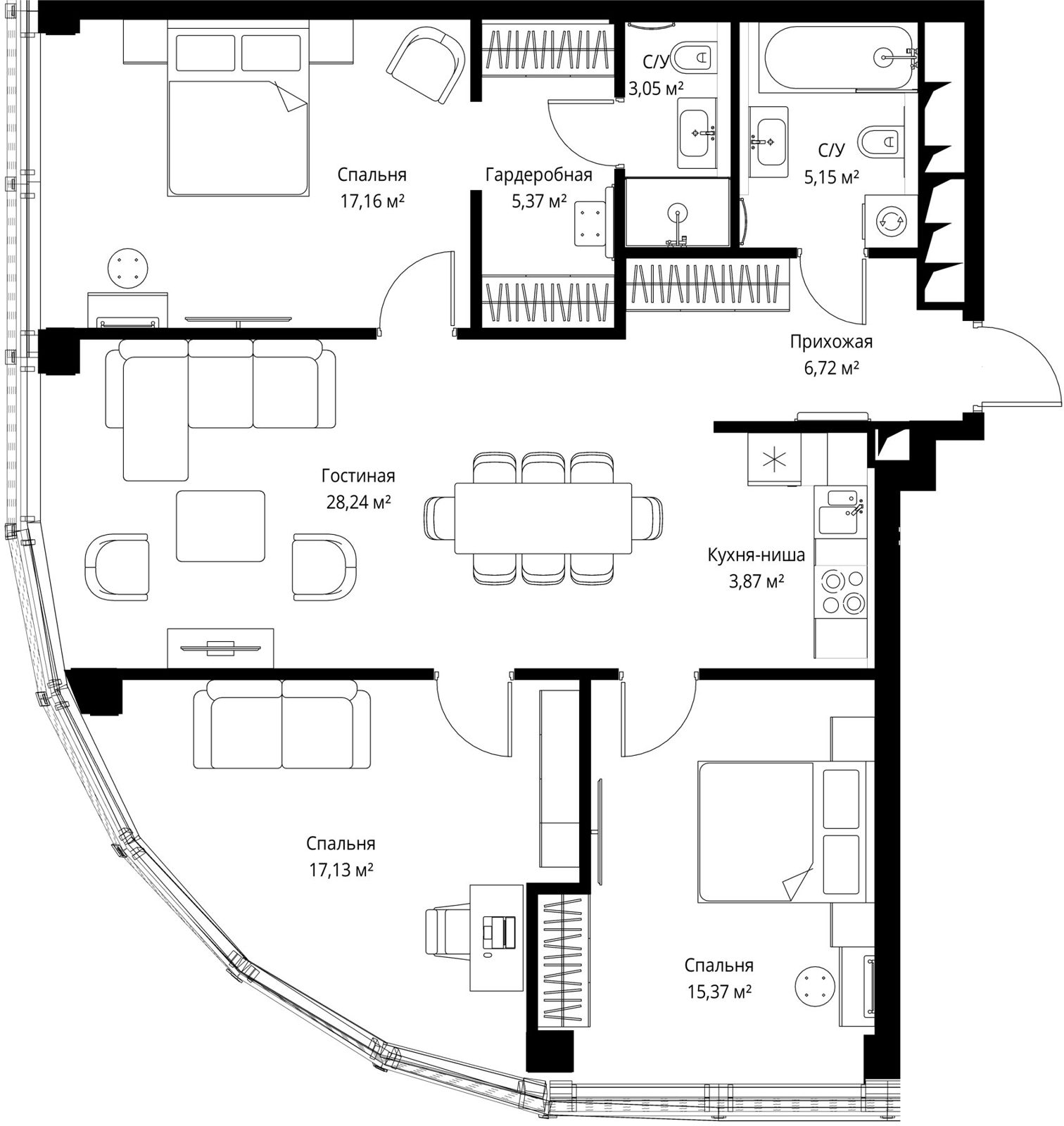 3-комнатная квартира, 103 м²