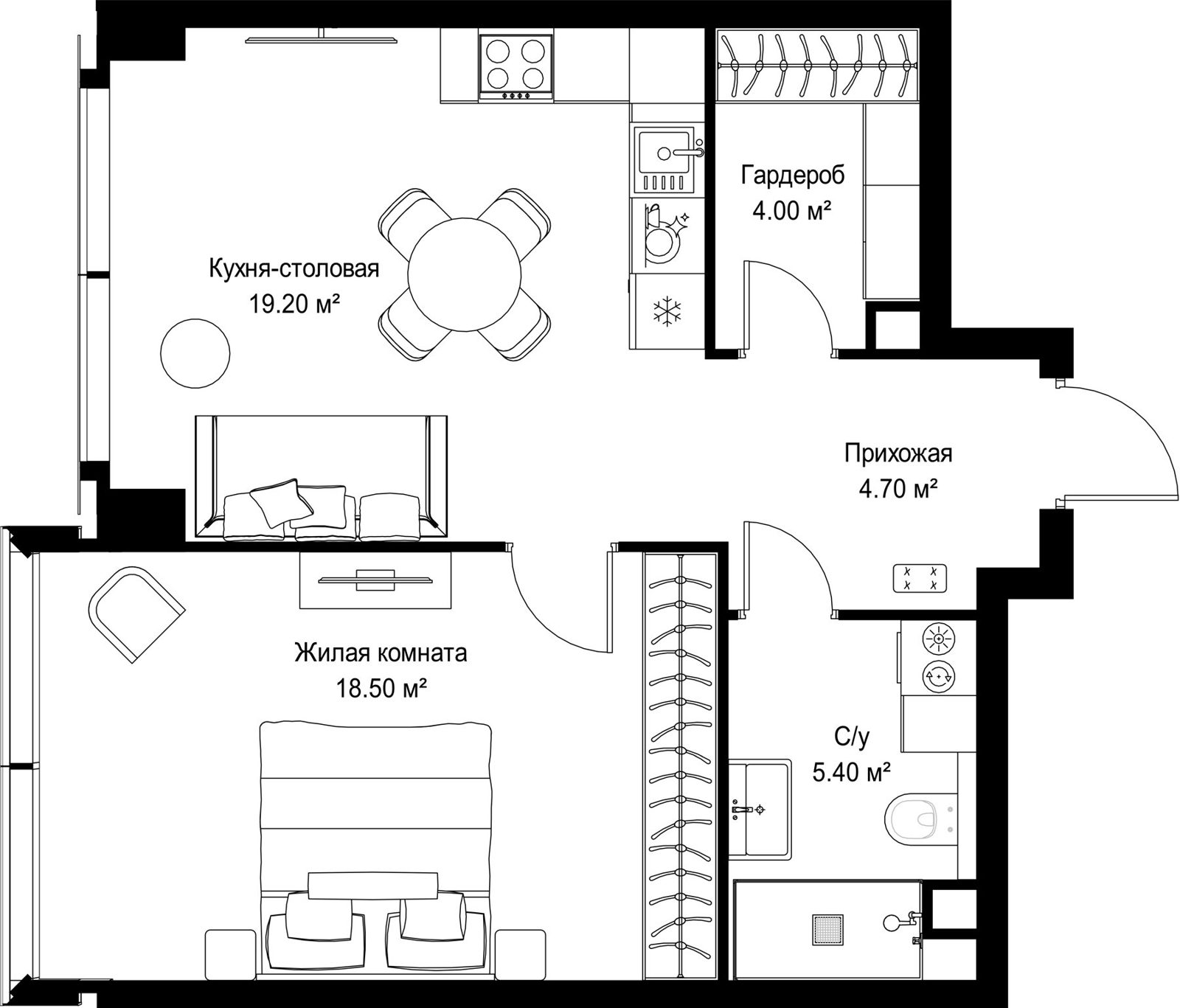 1-комнатная квартира, 51,8 м²