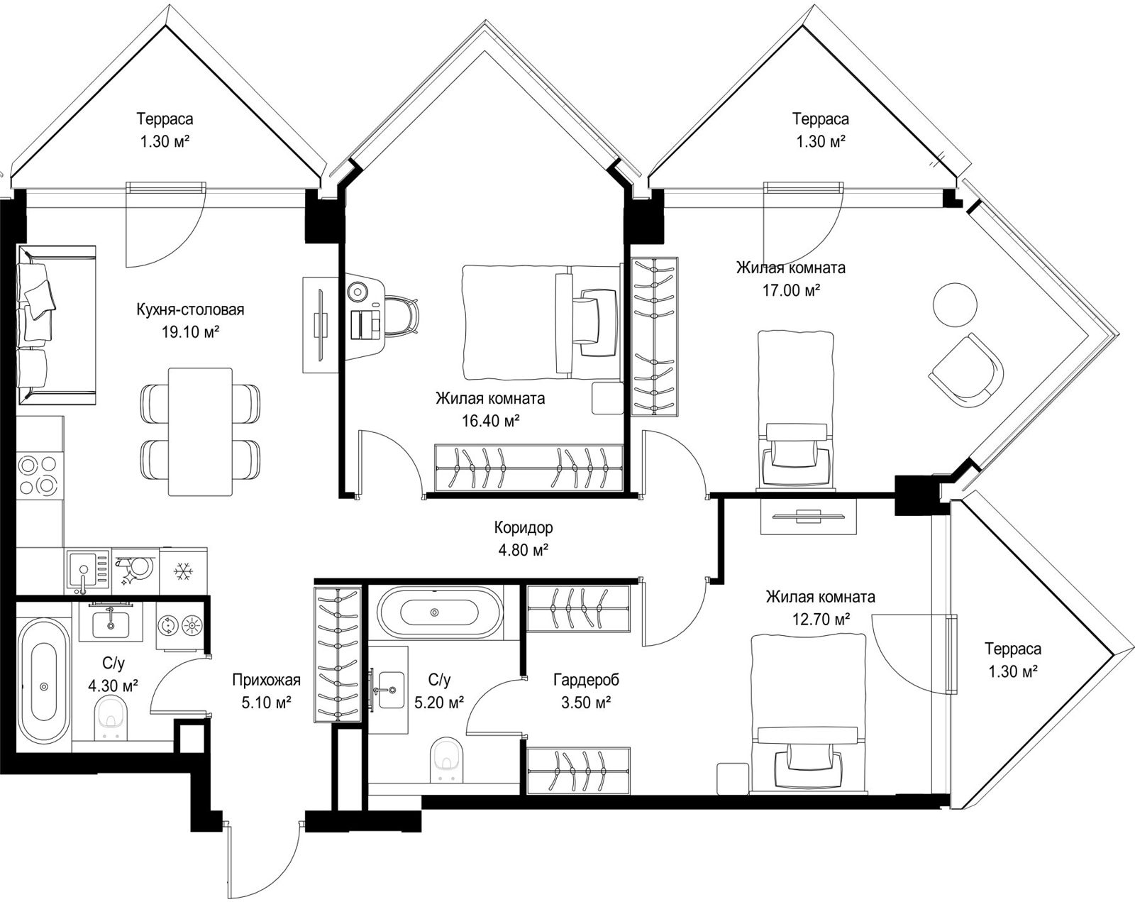 3-комнатная квартира, 92 м²