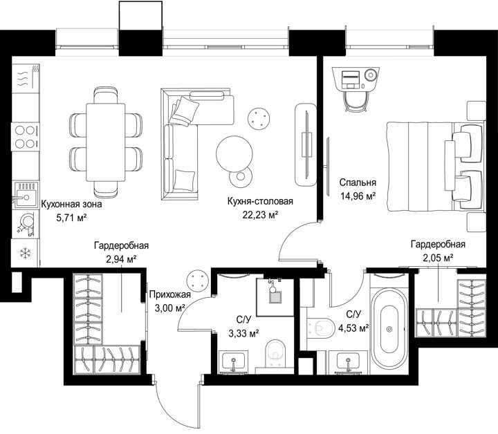 1-комнатная квартира, 58,8 м² — фото 1