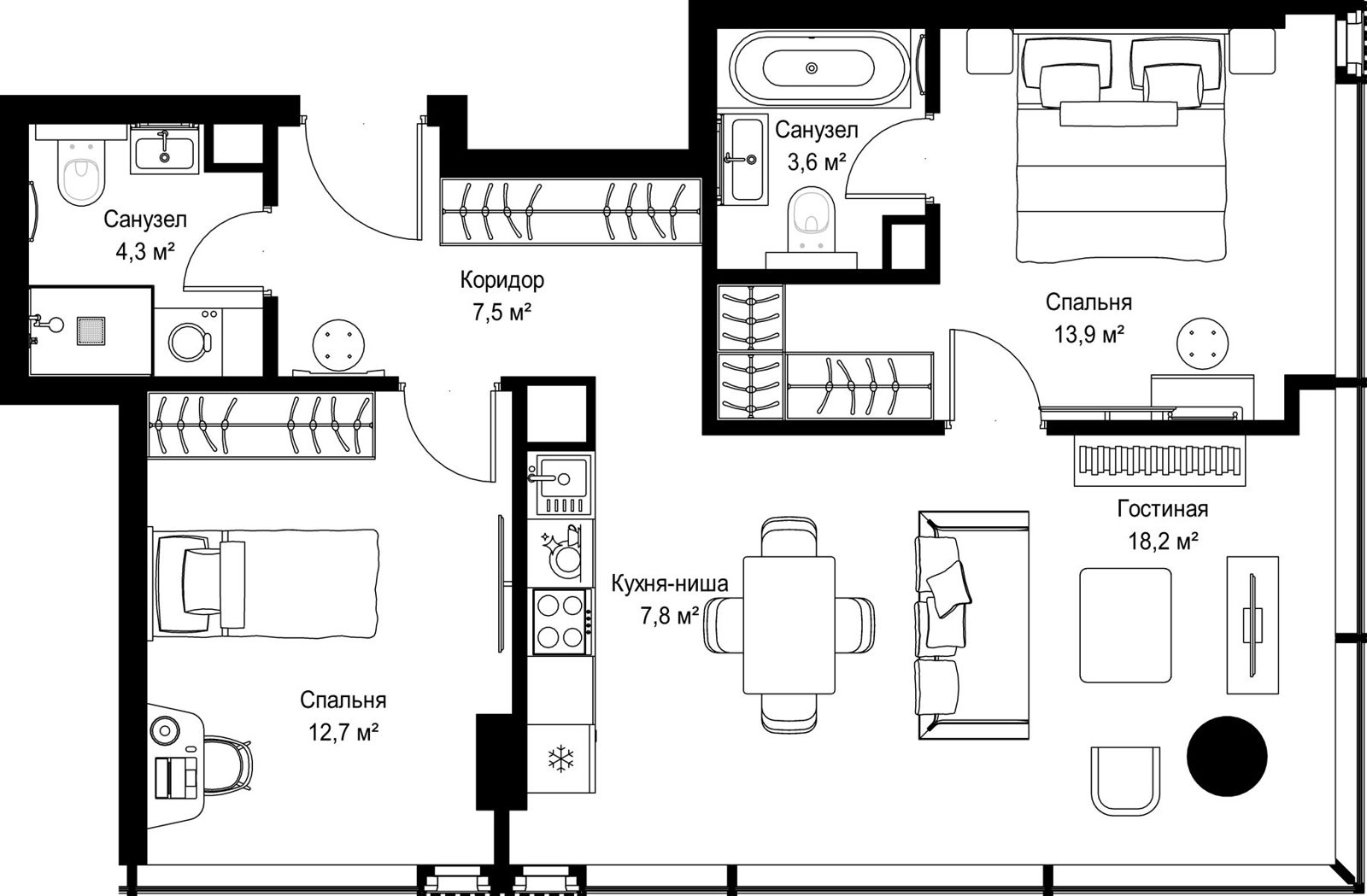 2-комнатная квартира, 68 м²