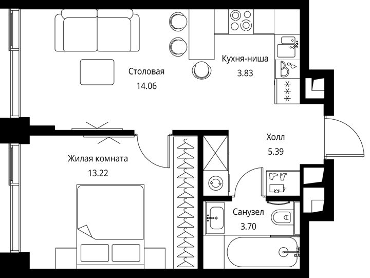 1-комнатная квартира, 40,2 м² — фото 1