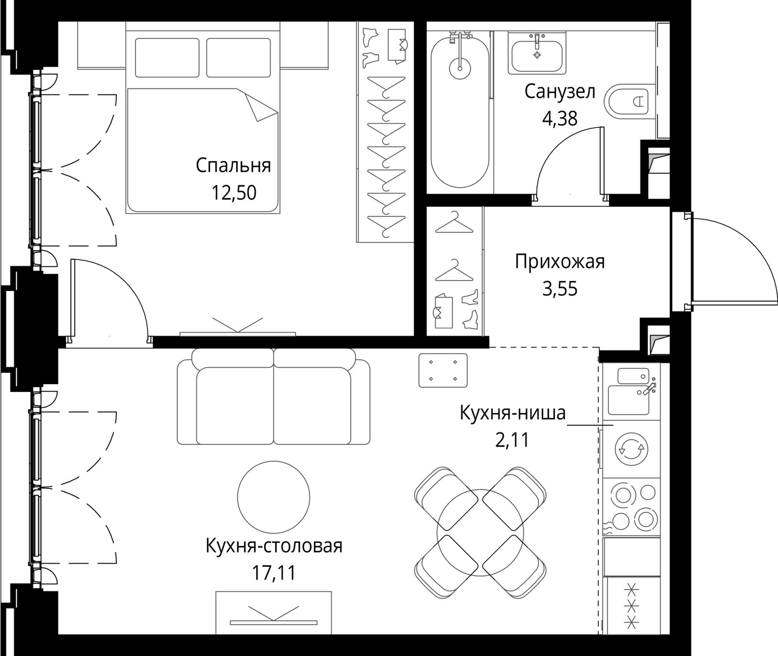 1-комнатная квартира, 39,6 м²