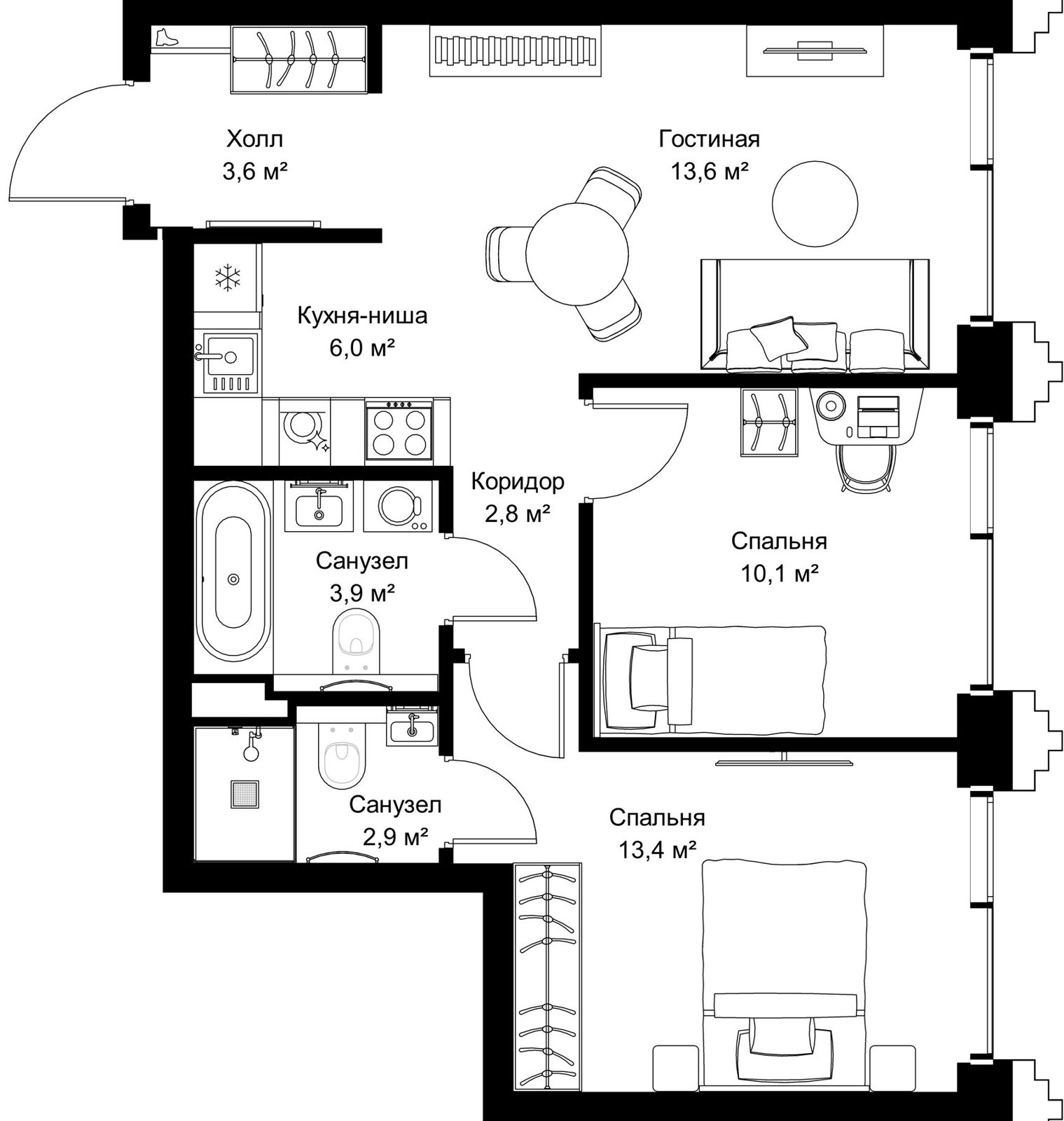 2-комнатная квартира, 56,3 м²