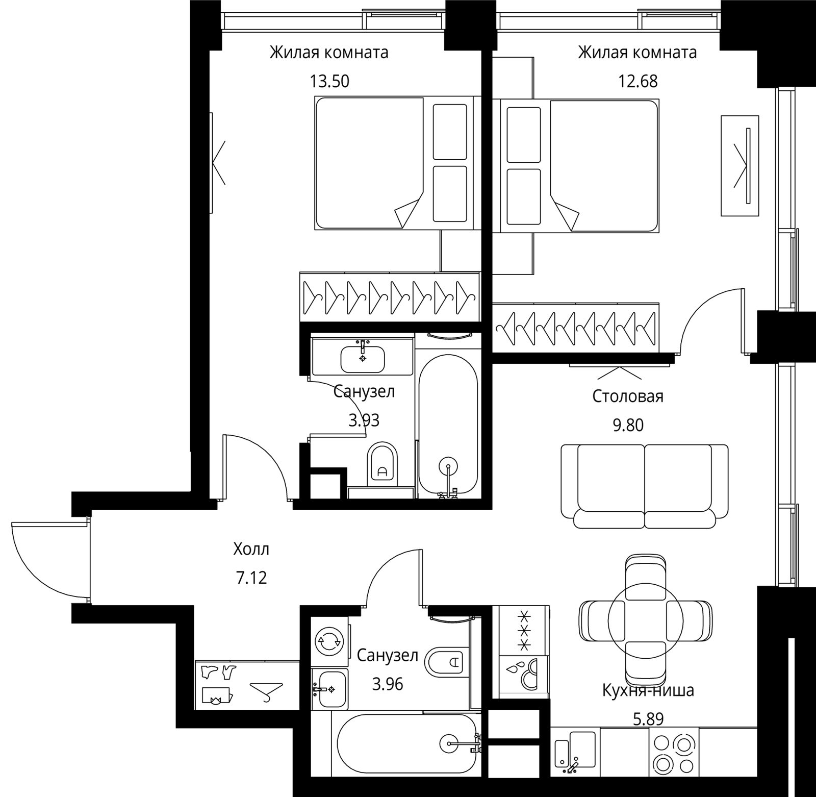 2-комнатная квартира, 56,9 м²