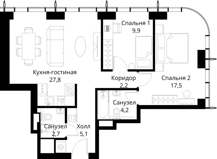 2-комнатная квартира, 69,4 м² — фото 1