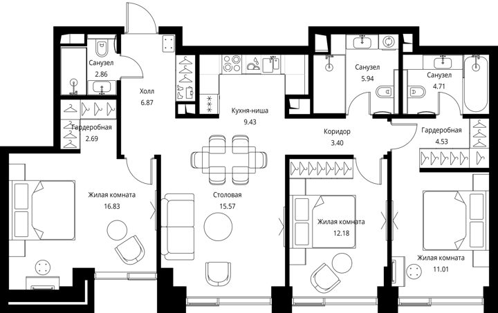 3-комнатная квартира, 96 м² — фото 1