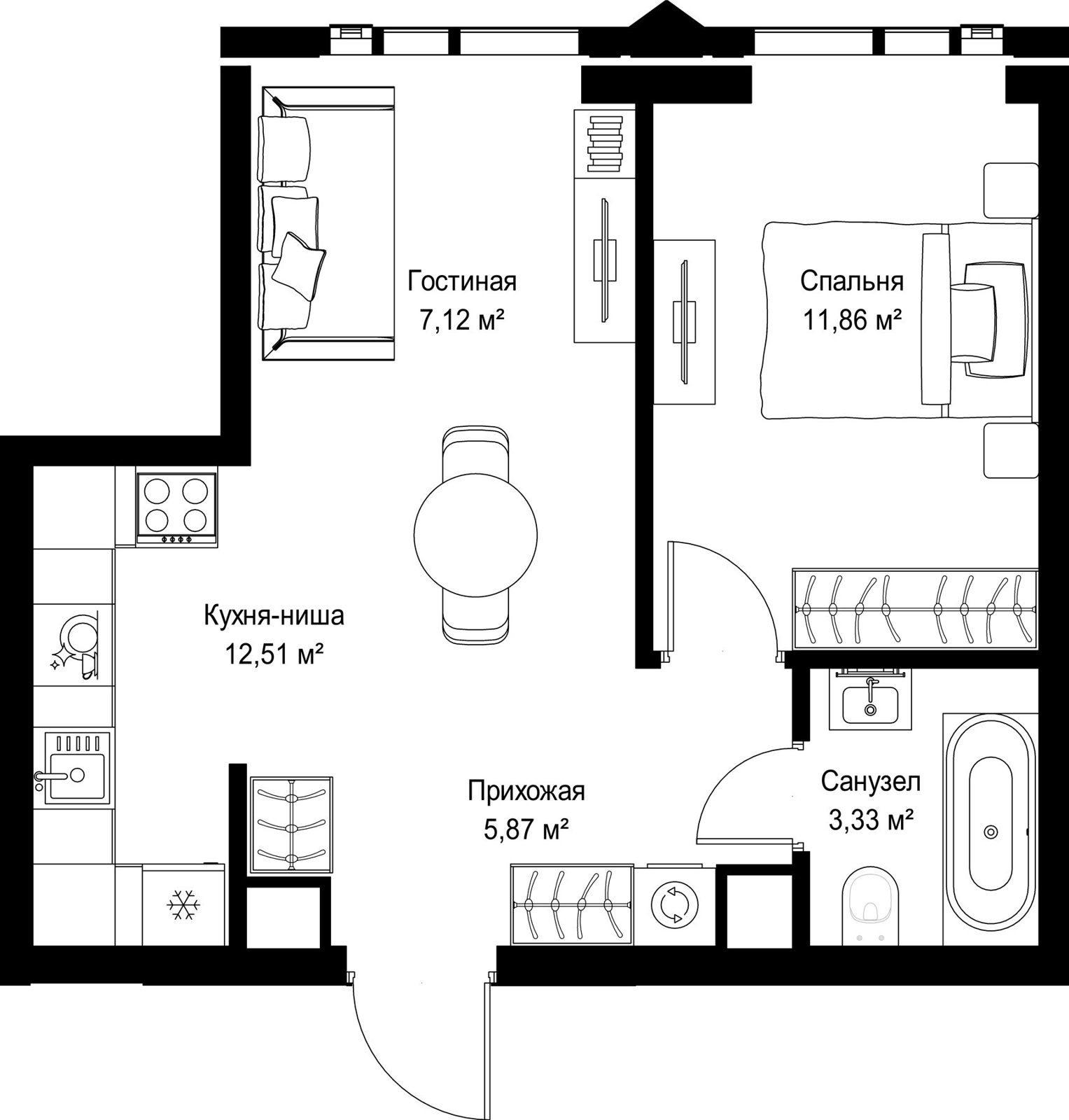 1-комнатная квартира, 40,7 м²