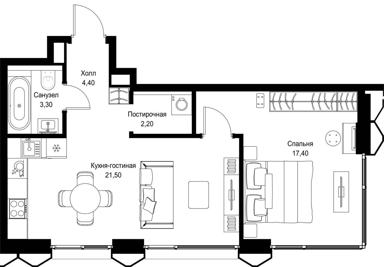 1-комнатная квартира, 48,8 м²