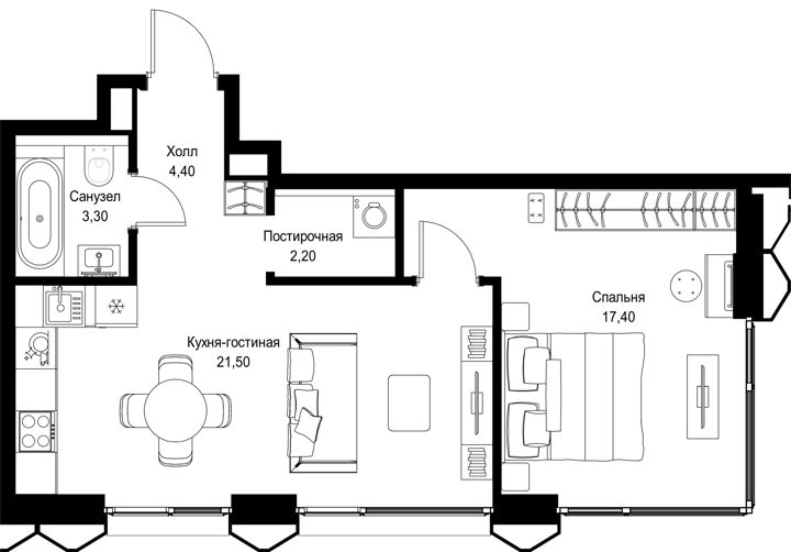 1-комнатная квартира, 48,8 м² — фото 1