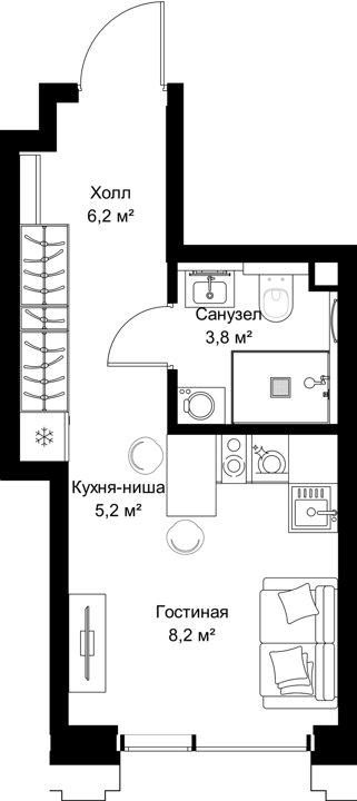 Квартира-студия, 23,4 м²