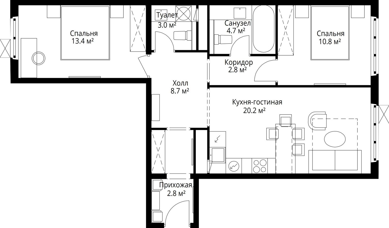 2-комнатная квартира, 66,4 м²