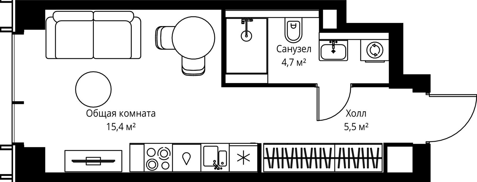 Квартира-студия, 25,6 м²